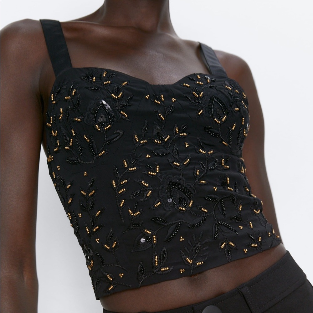 NWOT Zara Beaded Black and Gold Top